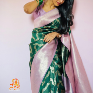 Elegant Green Silk Saree with Pastel Pink Contrast