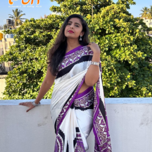 Cream & Purple Ajrak Saree