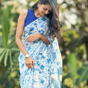 White & Blue Khadi Cotton Saree