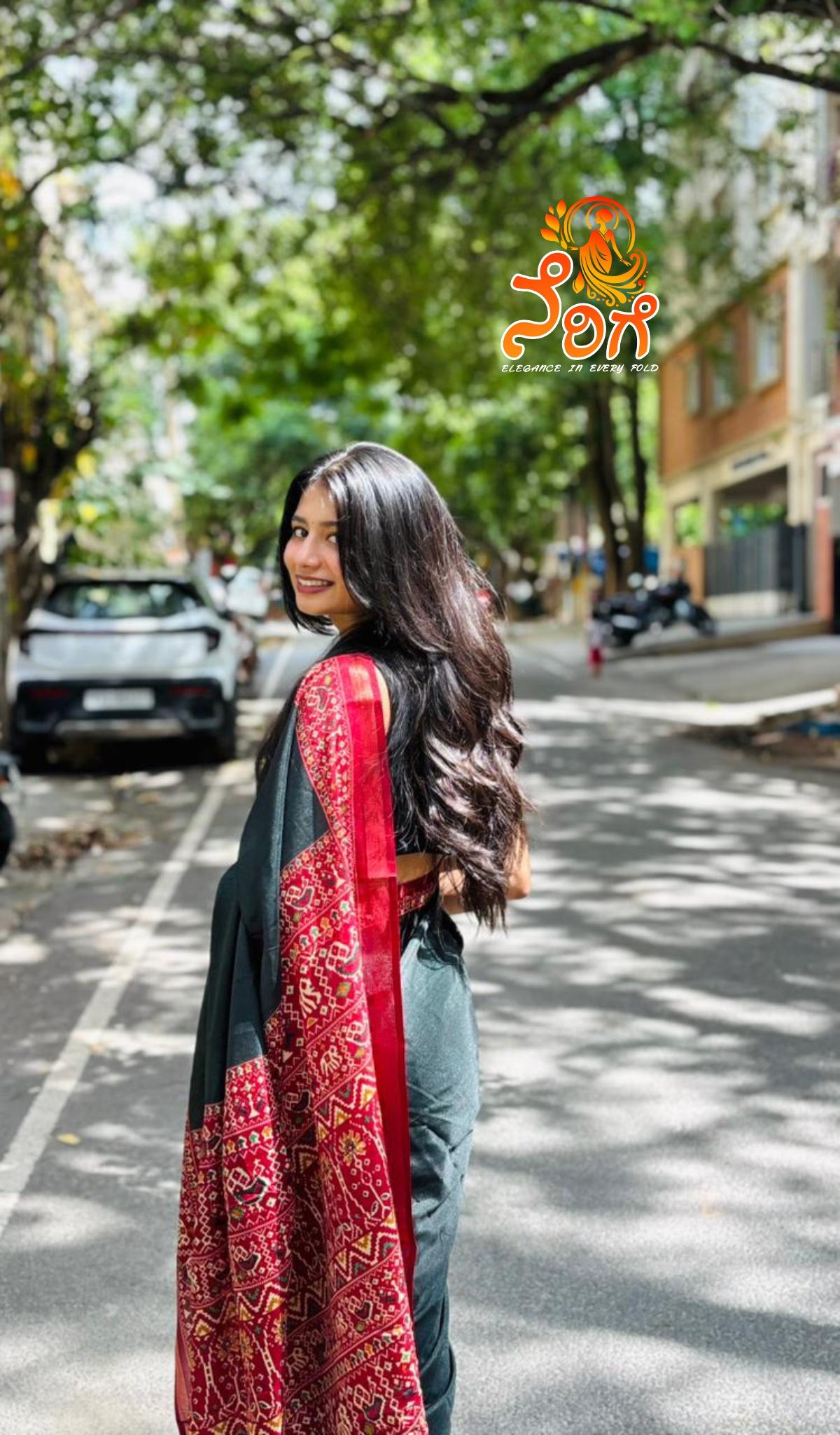 Black Saree with Red Heritage Border - Image 4