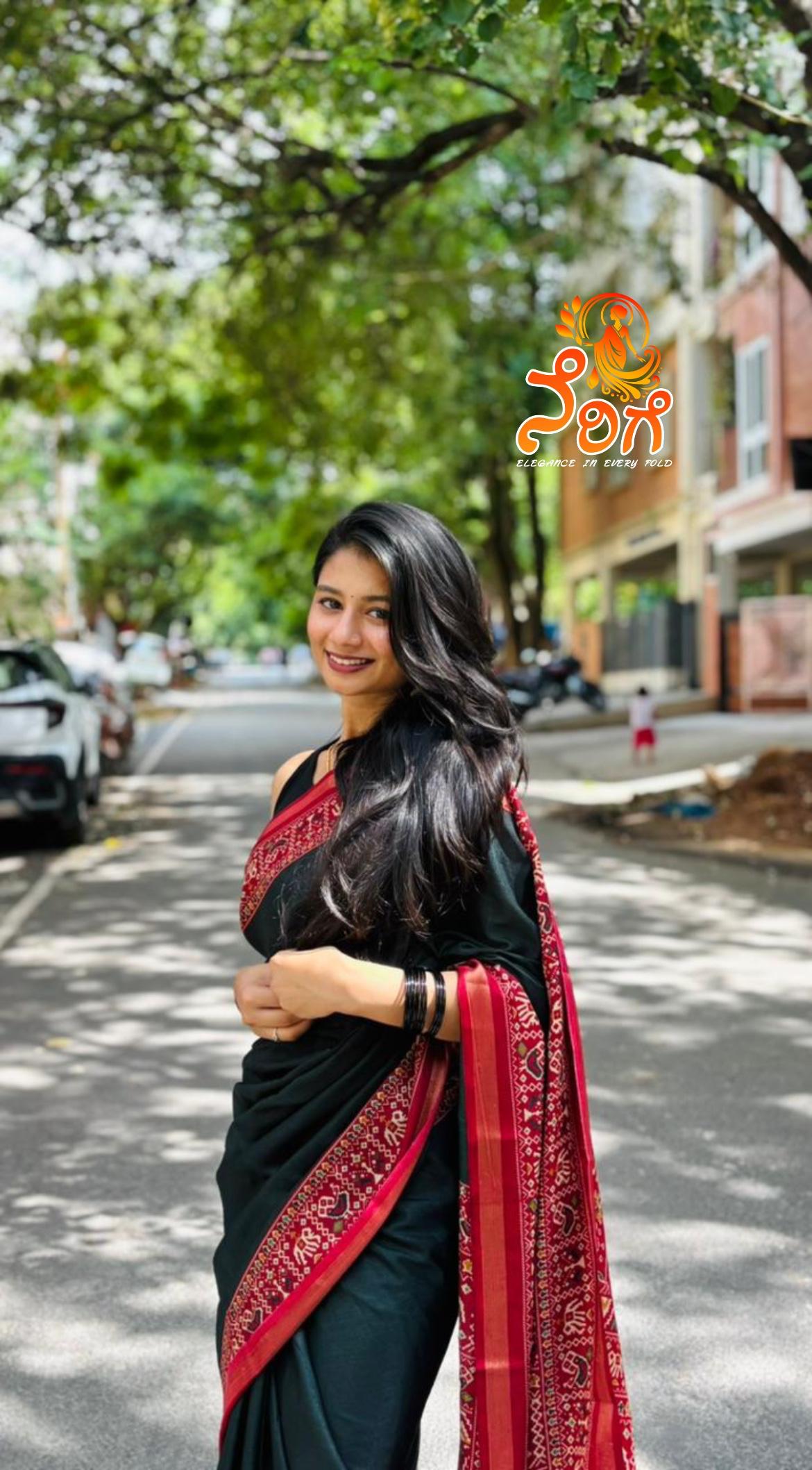Black Saree with Red Heritage Border - Image 3